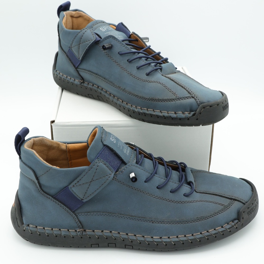 Sport Blue Leather Hand Stitched Walking Shoes Mens 41 Bungee Lace Loafers